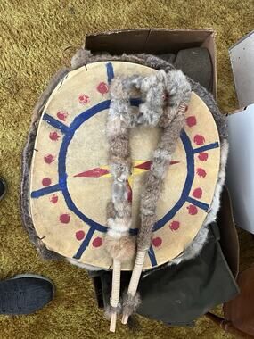 Large 18.5" Signed Adirondack Hand Drum & Beaters - Minor Rawhide Edge Crack